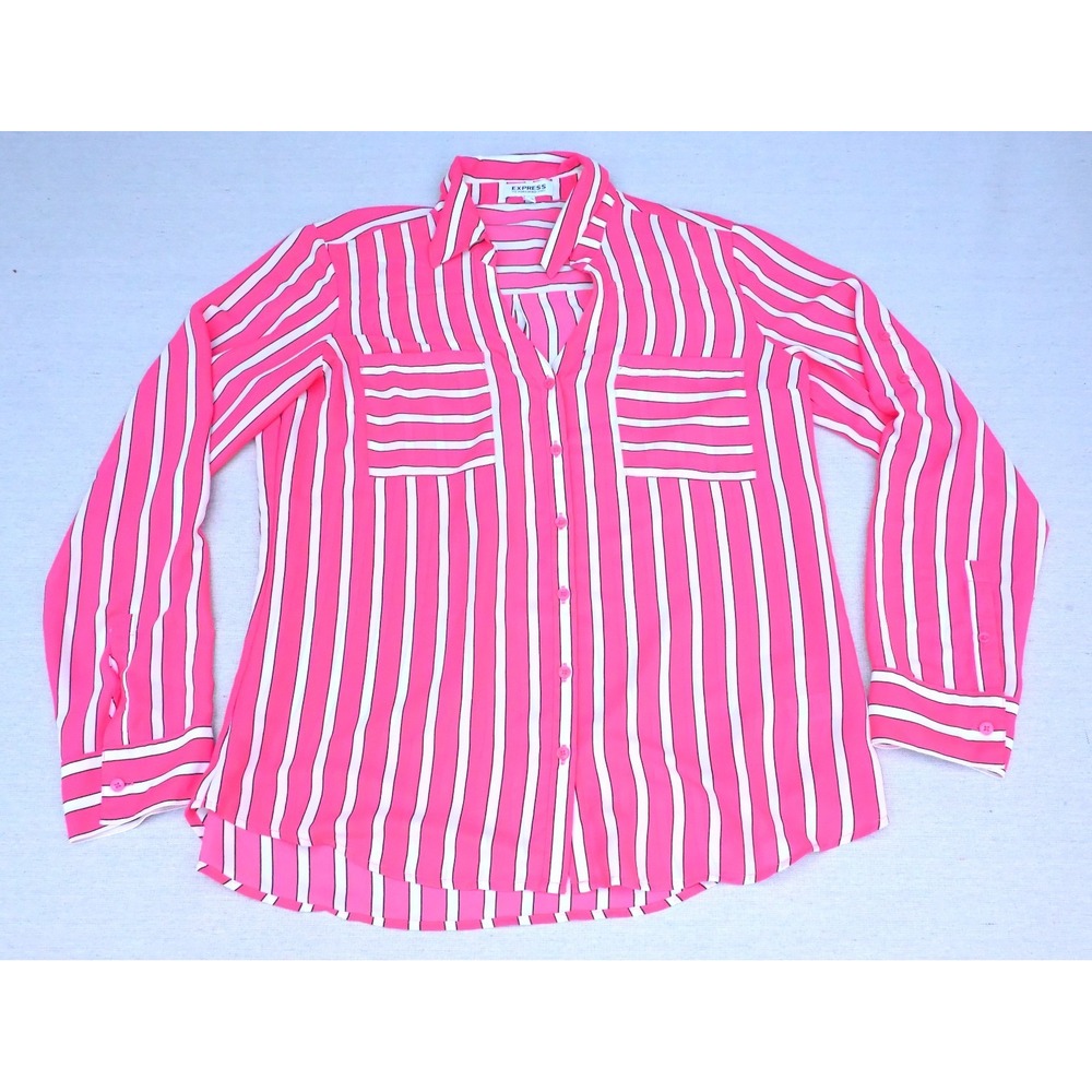 Express Portofino Womens L Pink White Stripe Button Up Shirt Shirttail Hem Soft